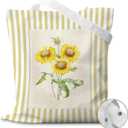 Yellow Striped Sunflower Canvas Tote Bag for Books, Travel & Daily Use, Magnetic Buckle, 16x14 Inch