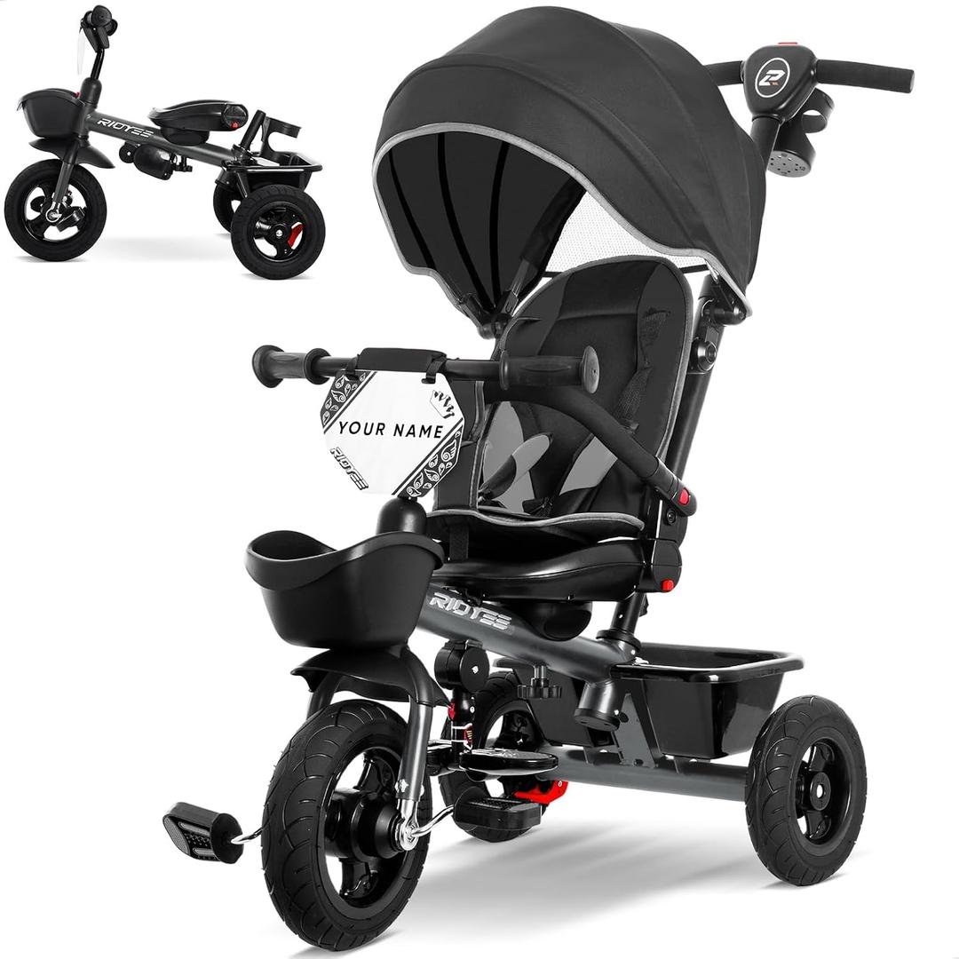 RIDYEE 7-in-1 Tricycle for 18 Months to 5 Years, All-Terrain Rubber Tires, Dual Wheel Brakes, Rotatable Seat for Toddlers 1.5-3, Tricycle for 3-5 Years with DIY Stickers, Grey, Small