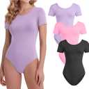 3 Pack Women's Short Sleeve Dance Leotards Crew Neck Loose Ballet Costumes Classic Basic Tops Adult Bodysuits (M)