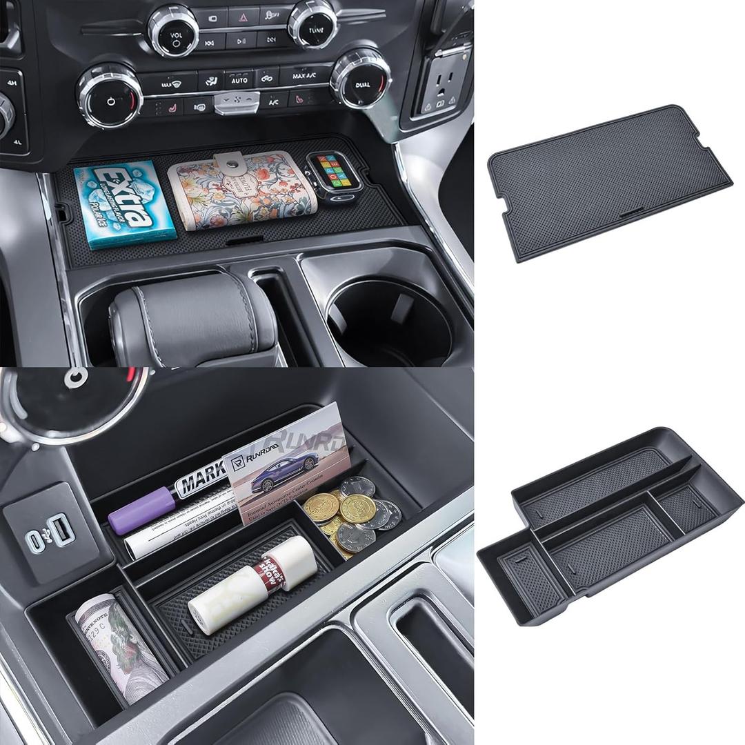 RUNROAD Center Console Tray for 2021-2025 Ford F150 / 2022-24 Lightning XLT | Armrest Storage Tray, F 150 Lightning XLT Accessories, Middle Console Pocket Lid, Hidden Dividers, Insert Phone Holder, 2PCS