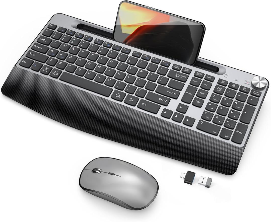 JOYACCESS Wireless Keyboard and Mouse, Ergonomic Wireless Keyboard with Wrist Rest and Phone Holder, Quiet Computer Mouse for Mac PC Laptop-Black Grey