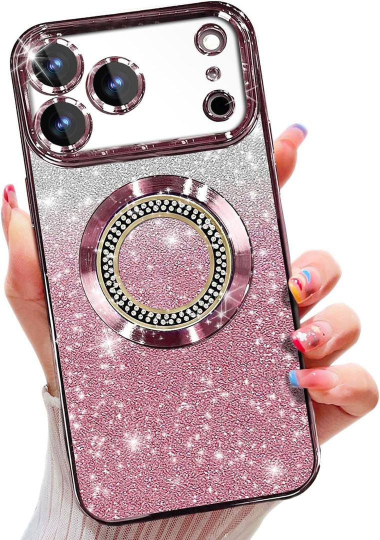 Misscase for iPhone 17 Pro Max Magnetic Glitter Case Compatible with MagSafe,Full Protection Slim Shockproof Anti-Scratch Case with Camera Lens Protector Plating Bling Dust-Proof Net Pink