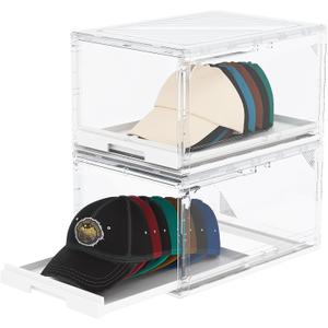 Hat Organizer for Baseball Caps 2 Pack, Clear Hat Holder Box Containers with Drawer Stackable Cap Storage Display Case for Hats Snapback Cap