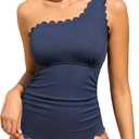 Summer Mae One Shoulder Women's One Piece Swimsuit Ribbed Scalloped Swim Suits Slimming Full Coverage Modest Bathing Suit (14, Blue Black)