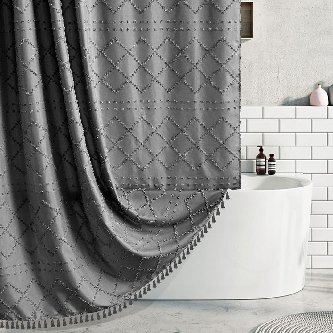 Extra Long Boho Grey Woven Fabric 84 Inch Shower Curtain 72 x 84 Tufted Chevron Striped Shabby Chic Textured, Modern Farmhouse Minimalist, Water Resistant Curtain Set for Bathroom, Hotel Decor
