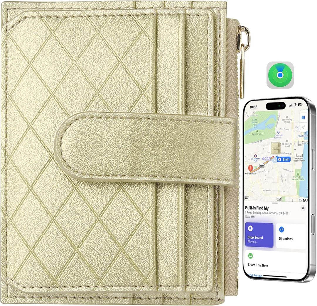 Women's Wallet Built-in Anti-Loss Tracker, RFID Blocking Small Compact Card Holder Wallet for Women Soft PU Leather Bifold Pocket Wallet Ladies Mini Purse with Zipper Pocket, ID Window (Gold)