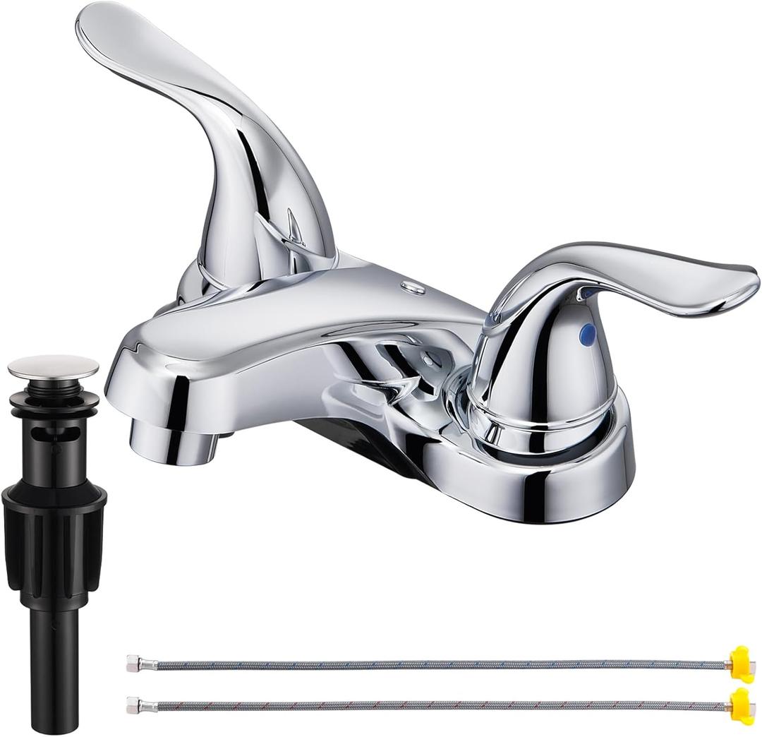 Bathroom Sink Faucets 2/3 Hole, Chrome Plating Dual Handles 4 inch Plastic Plating Over Bathroom Faucet with Pop-up Drain and 2 Supply Hoses for Apartment RVs Sink Vanity