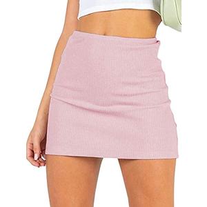 LYANER Women's Basic Ribbed Knit Stretchy Elastic Short Mini Pencil Bodycon Skirt Pink Small