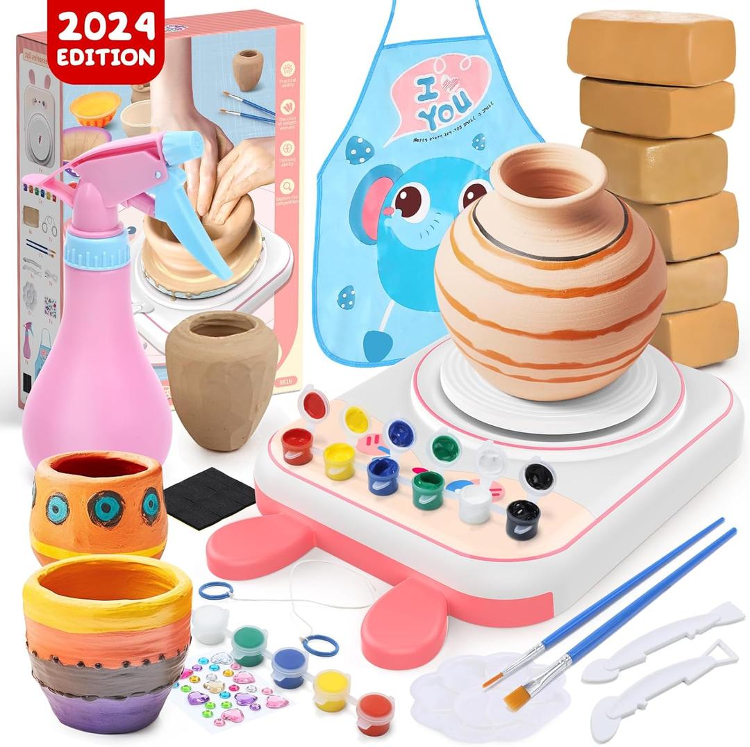 Skirfy Pottery Wheel for Kids Art Crafts Kits for Kids Ages 6-8 9-12 Clay Sculpting Tools & Painting Kit,Birthday Thanksgiving Christmas Gift Girls Toys 8-10,DIY Kits Clay Maker for Beginners (Pink Bunny)