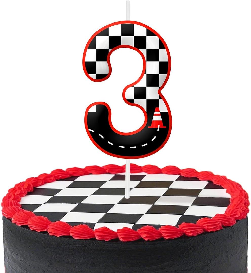 Black White 3rd Birthday Candles, Number Candle Birthday Cake Topper Decorations for Race Car Themed Party, Checkered Birthday Candle for Boys Girls Party Decor Supplies