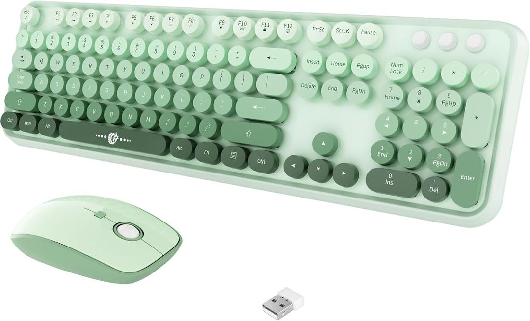 FOPETT Wireless Keyboard and Mouse Combo, 104 Keys Full-Sized 2.4 GHz Round Keycap Colorful Keyboards, USB Receiver Plug and Play, for Windows, Mac, PC, Laptop, Desktop (Gradient Green)