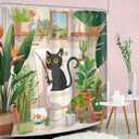 Funny Cat Shower Curtain 60Wx72H Kids Black Cat Cute Cartoon Animal Pet Kitten Tropical Plant Hilarious Fun Green Leaves Cactus Bathroom Decor Bath Curtain Fabric Polyester 12 Pack Hooks