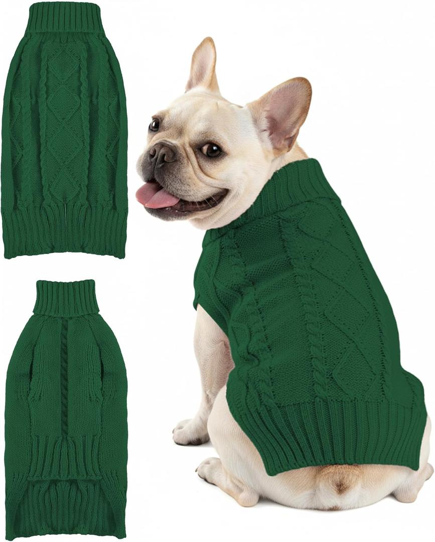 Dog Sweaters for Small Medium Large Dogs Cats, Soft Warm Turtleneck Pullover Solid Cable Knit Fleece Stretch Pet Clothes,Classic Fuzzy Coat for Puppy Girl Boys for Fall Winter Cold Weather (Dark Green)