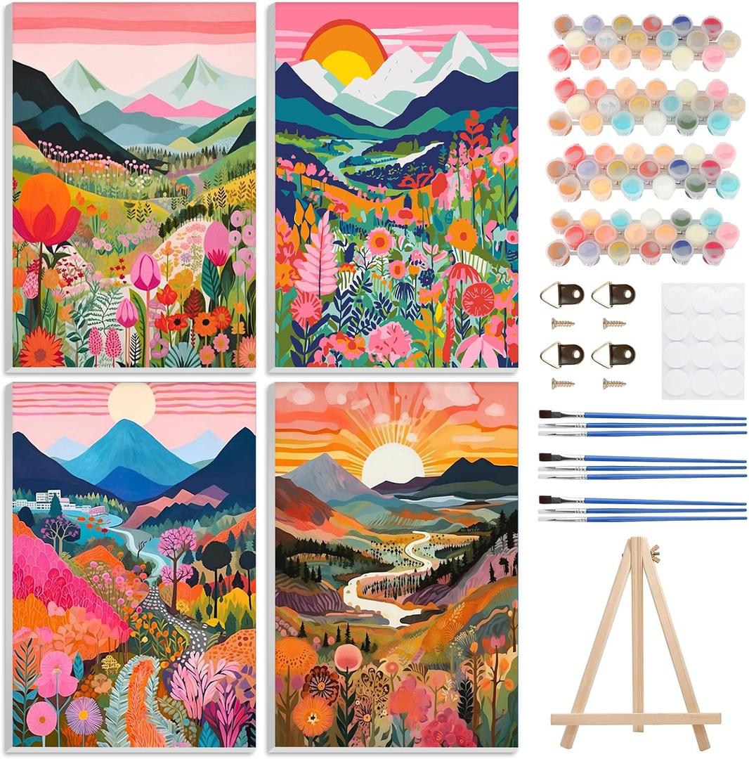 4 Pack Paint by Numbers Kits for Adults Beginners Framed Canvas, Adult Paint by Number Kit with Easel, Natural Abstract Landscapes Painting by Numbers for Beginners, Arts and Crafts for Decor 8x12inch