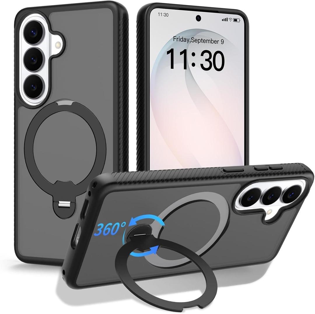 Phone Case for Samsung Galaxy S26: Rotatable O-Ring Stand MagSafe-Compatible, Military-Grade Drop Tested, Translucent Matte Silky Touch Anti-Slip Grip (Black)