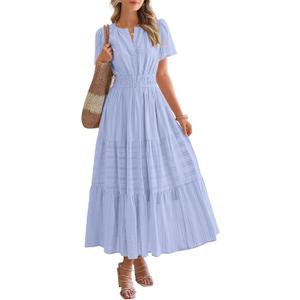 BTFBM Womens Summer 2026 Casual Midi Maxi Dresses Lightweight Short Sleeve V Neck Elastic Waist Boho Beach Dress Pockets (Blue, XXL)