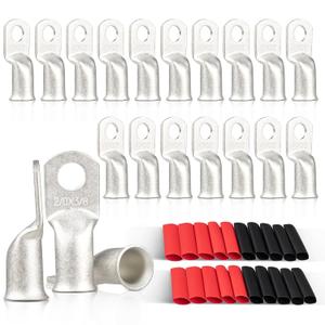 RED WOLF 20PCS 2/0 AWG-3/8 Marine Grade Wire Lugs, Tinned Copper Ring Terminal Connectors Ends W/3:1 Dual Wall Adhesive Heat Shrink Tubing, Heavy Duty Anti-Rust Battery Cable Ends