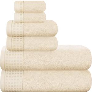 GLAMBURG 100% Cotton Ultra Soft 6 Pack Towel Set, Contains 2 Bath Towels 28x55 Inches, 2 Hand Towels 16x24 Inches & 2 Wash Coths 12x12 Inches, Compact Absorbent Lightweight & Quickdry - Ivory