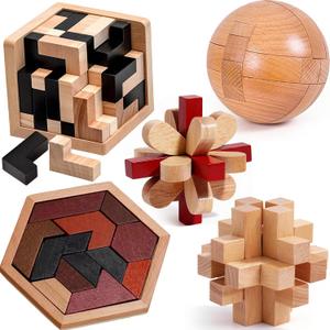 5PCS Wooden Puzzles for Adults & Kids Cube & Shape Brain Teasers, Logic & Educational Games, Family Fun