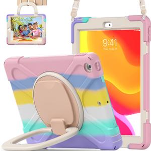 for iPad 10.2 Case 9th Generation 2021 / 8th Gen 2020 / 7th 2019,Shockproof Kids Case with Screen Protector,Rotating Stand/Pencil Holder/Shoulder Strap for iPad 10.2 Inch - Colourful Pink