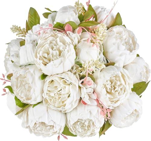 Mkono Peonies Artificial Flowers, 2 Packs 13 Stems Faux Peony Flowers Real Touch Fake Silk Bouquet for Arrangements Dining Table Centerpieces for Kitchen Bridal Wedding Party (2, White)