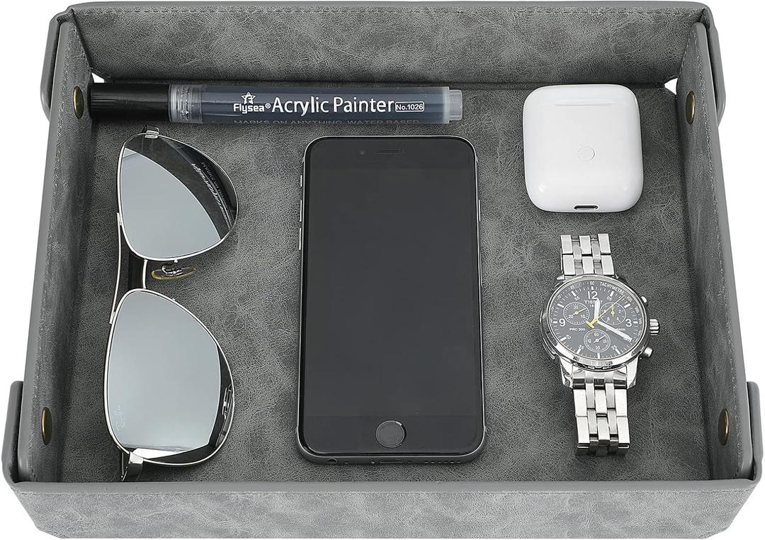 CASIRENA Faux Leather Valet Tray Organizer for Men - Catch-All Tray for Entryway Table Key, Wallet, Watch, Coin Change, Phone, Dresser EDC Dump Jewelry, Bedside Nightstand Desk-top (Rectangle, Gray)