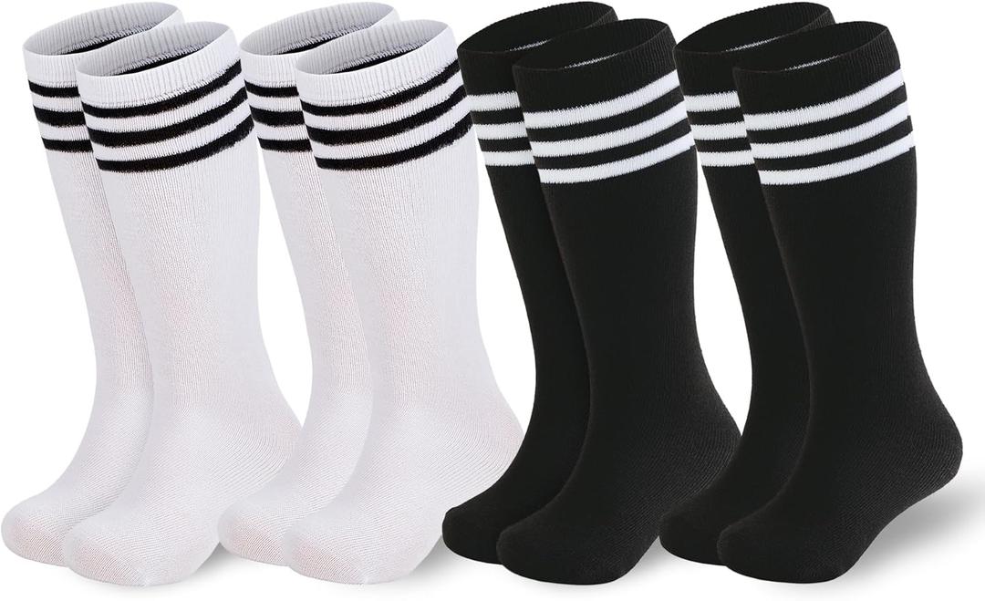 American Trends 4 Pairs Toddler Soccer Socks Kids Youth Baseball Sock Boys Girls knee High Striped Socks Cotton Tube Sock (4-6 Years, Black*2/White*2)