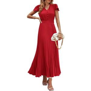 PRETTYGARDEN Women's Maxi Dresses 2025 Summer Trendy Cap Short Sleeve Button V Neck Casual Flowy Pleated Long Dress (Medium, Red)