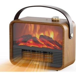 Shinic Portable Small Electric Fireplace Heater, 1500W/ 750W Space Heater Fireplace Indoor with 3D Flame, Overheat Protection, Tip-Over Safety Switch, Ideal for Living Room Bedroom Office RV, Walnut