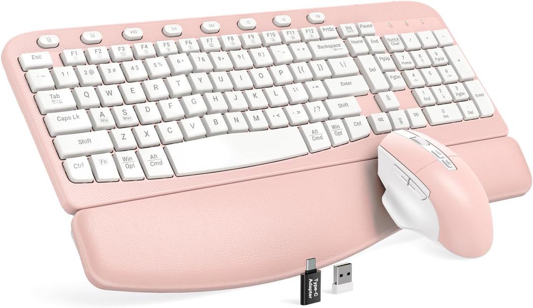 SABLUTE Wireless Keyboard and Mouse Combo, Ergonomic Wave Keys, Cushioned Plam Rest, Comfortable Silent Natural Typing, 2.4G Lag-Free, MA12 Full Size Keyboards Set for Multi-OS, Windows/Mac, Pink