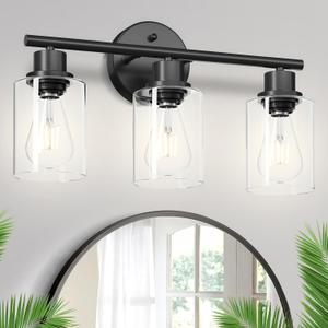 3-Light Black Vanity Lights, E26 Modern Bathroom Light Fixtures with Clear Glass Shade, Wall Lamps for Mirror Kitchen Hallway Cabinet Living Room Sconces Lights