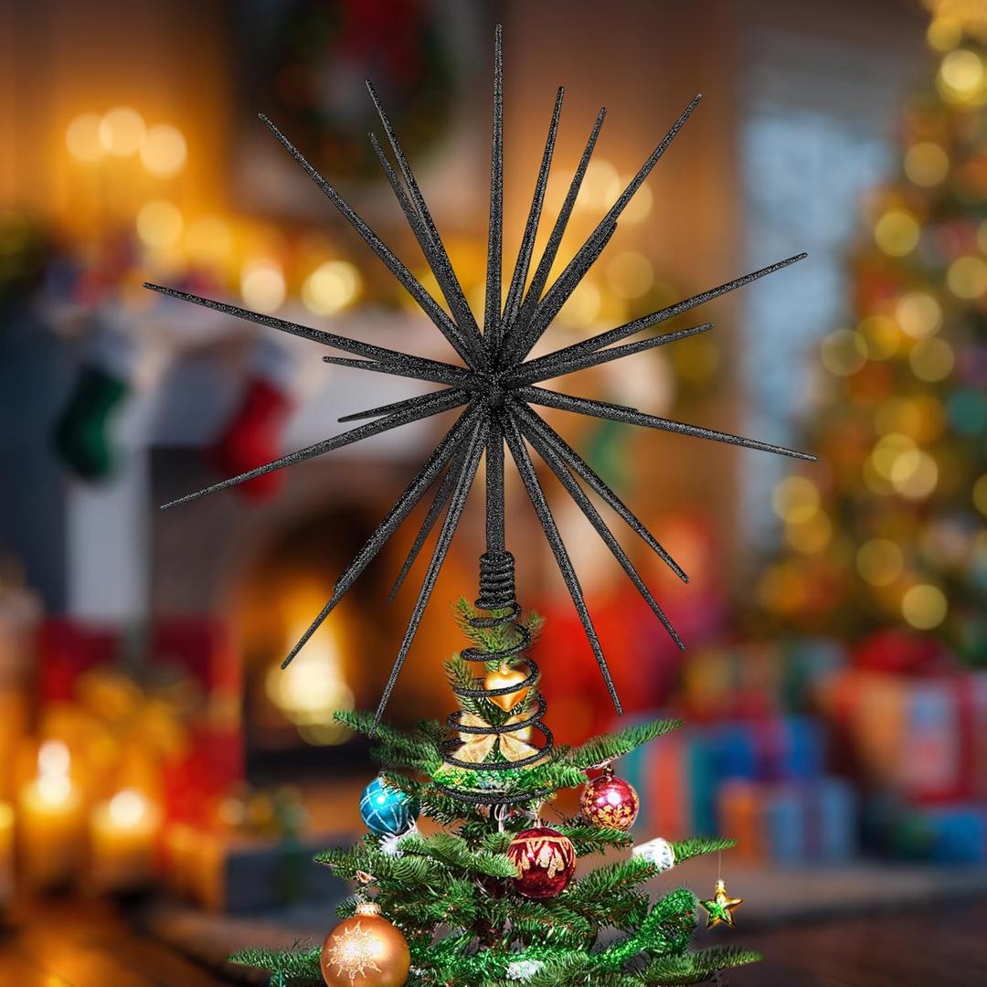 13.8 Inch Black Christmas Starburst Tree Topper Glittered 3D Burst Plastic Tree Topper Exploding Star Christmas Decoration for Home Ornaments Holiday Party Supplies