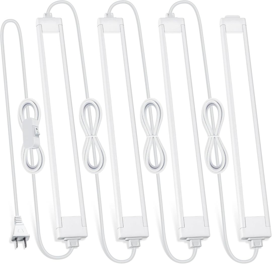 4 Pcs 14inch Plug in Under Cabinet Lighting for Kitchen, 6500k Bright White LED Under Counter Wired Lights for Shelf/Bookshelf/Workbench/Over Sink Linkable 110V LED Light Bar