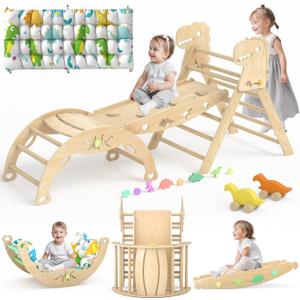 Pikler Triangle Set with Cushion 9 in 1 Climbing Toys for Toddlers 1-7 Indoor Baby Climbing Gym Toddler Montessori Toys Wooden Climbing Toys with Maze Toys, Shape Sorting Toys, Dinosaur Car, Size: Ages 1-7