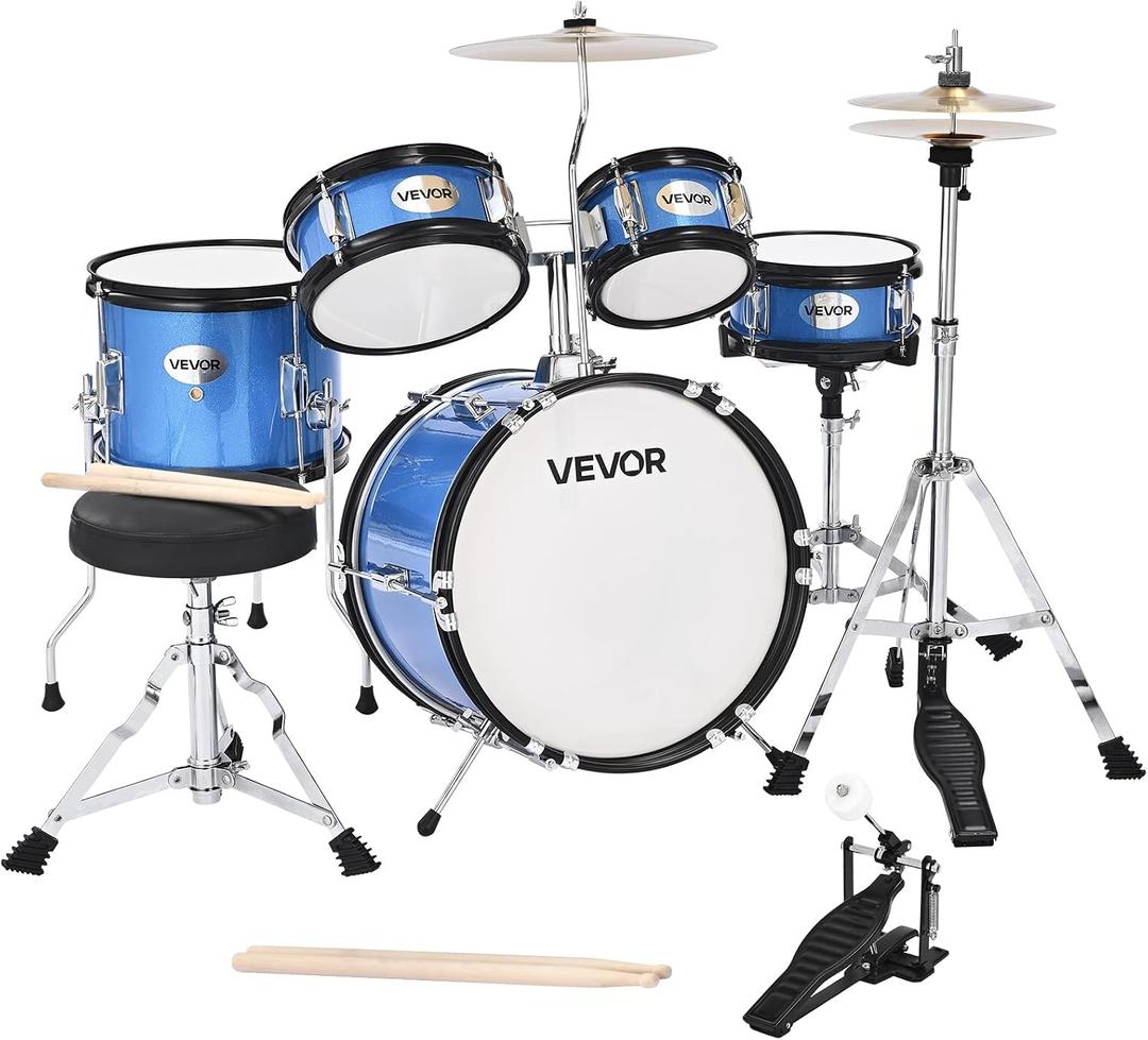 VEVOR Kids Drum Set, 5-Piece 14 in Junior Drum Sets, Beginner Drums Set with Adjustable Throne, Cymbal & Two Pairs of Drumsticks, Musical Learning Drums Instruments Kit, for Children Ages 6-13 (Blue)