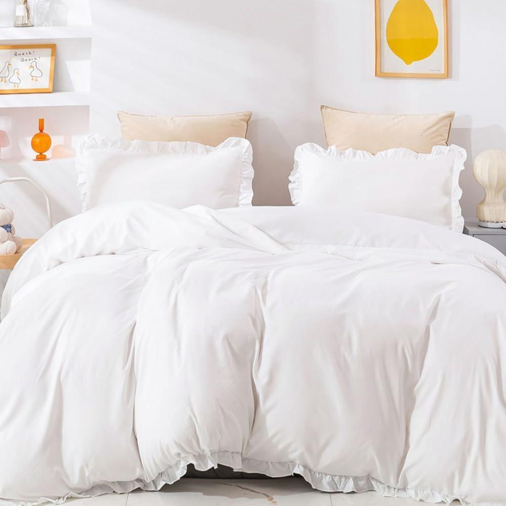 CLOTHKNOW White Ruffle Queen Comforter Set Farmhouse Bedding Comforter Sets Shabby Chic Comforter Soft Comforter with 2 x Pillow Cases