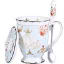 AWHOME Tea Cup and Lid and Spoon Set Royal Fine Bone China Coffee Mug 330ml Light Blue TeaCups