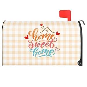 TOUNER Home Sweet Home Mailbox Covers, Orange Yellow Beige Plaid Magnetic Letter Box Wrap, Vintage Sweet Post Letter Box Decor for Outdoor Garden Front Yard, Mailbox Decor Gifts for Friends Neighbors