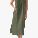 Amazhiyu Womens Pure Linen Summer V Neck Midi Spaghetti Strap Slip Dress with Pockets, M