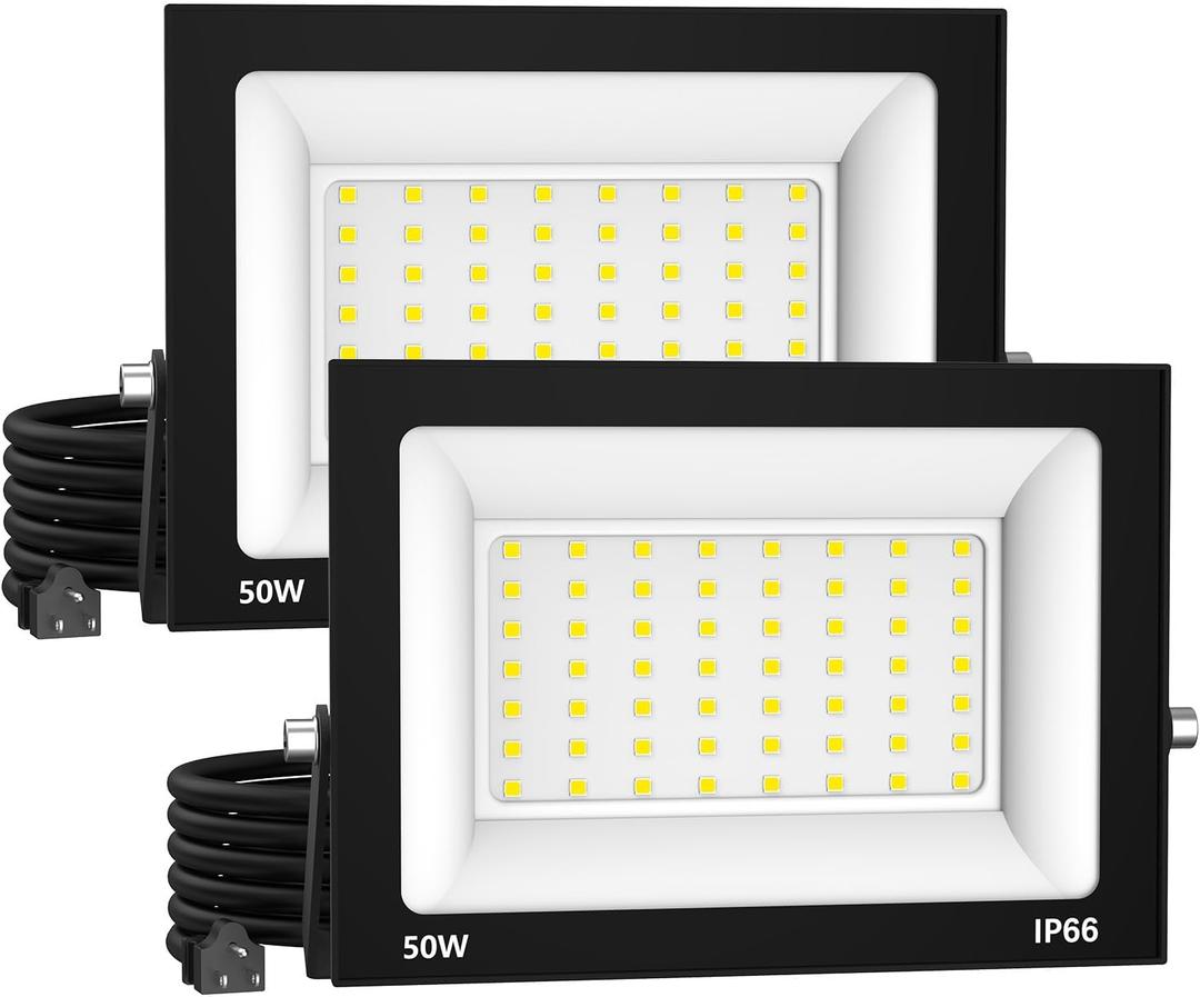 LED Flood Lights Outdoor-50W 5000lm Super Bright LED Work Light with US Plug,6500K Daylight White Floodlight,IP66 Waterproof Security Outside Lights for Yard Garage Stadium Bowfishing-2 Pack