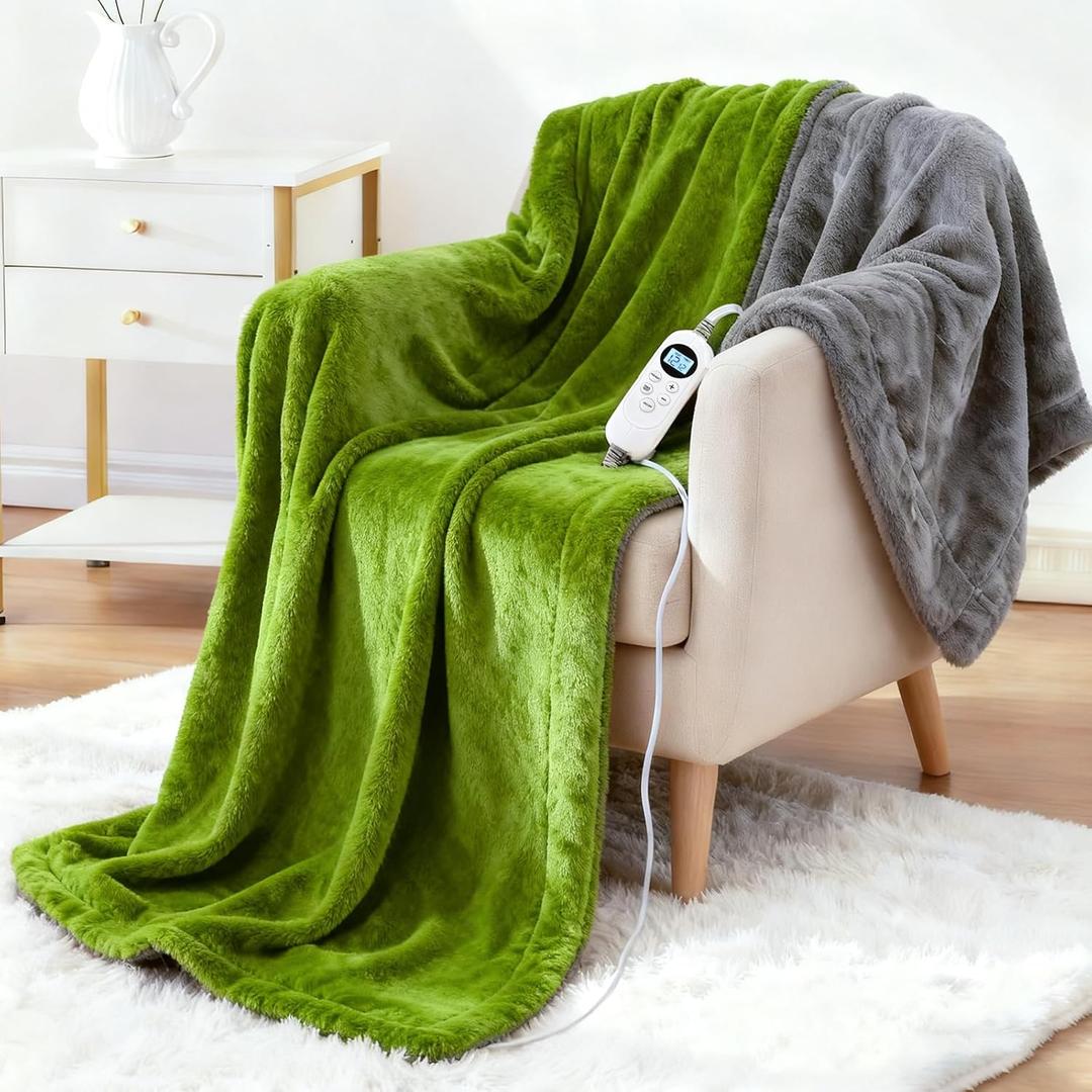 Electric Heated Blanket Throw 50" x 60" Soft DualSided Flannel Fast Heating 12 Heat Levels 1–12H Timer & Overheat Protection & Auto ShutOff & Machine Washable (Lime Green & Gray)
