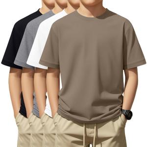4 Pack Boys Short Sleeve T-Shirts 15-16 Years Crew Neck Layering Kids Casual Tops Basic Summer Loose Fit Shirts Tees (Khaki, White, Light Gray, Black)