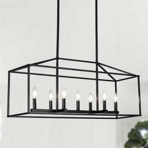 ALISADABOY Black Chandeliers for Dining Room Farmhouse 7 Light Rectangle Kitchen Island Lights Modern Large Linear Pendant Chandelier Lighting Fixtures for Living Room, Bar, Over Dining Table (Black 7 Light)