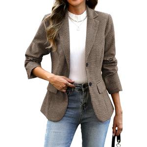 ELLEVEN Womens Casual Plaid Blazer Lapel Collar Double Button Long Sleeve Boyfriend Blazer Suit Houndstooth Plaid Blazer Jacket Business Work Office Blazer Suits Coffee Houndstooth Small