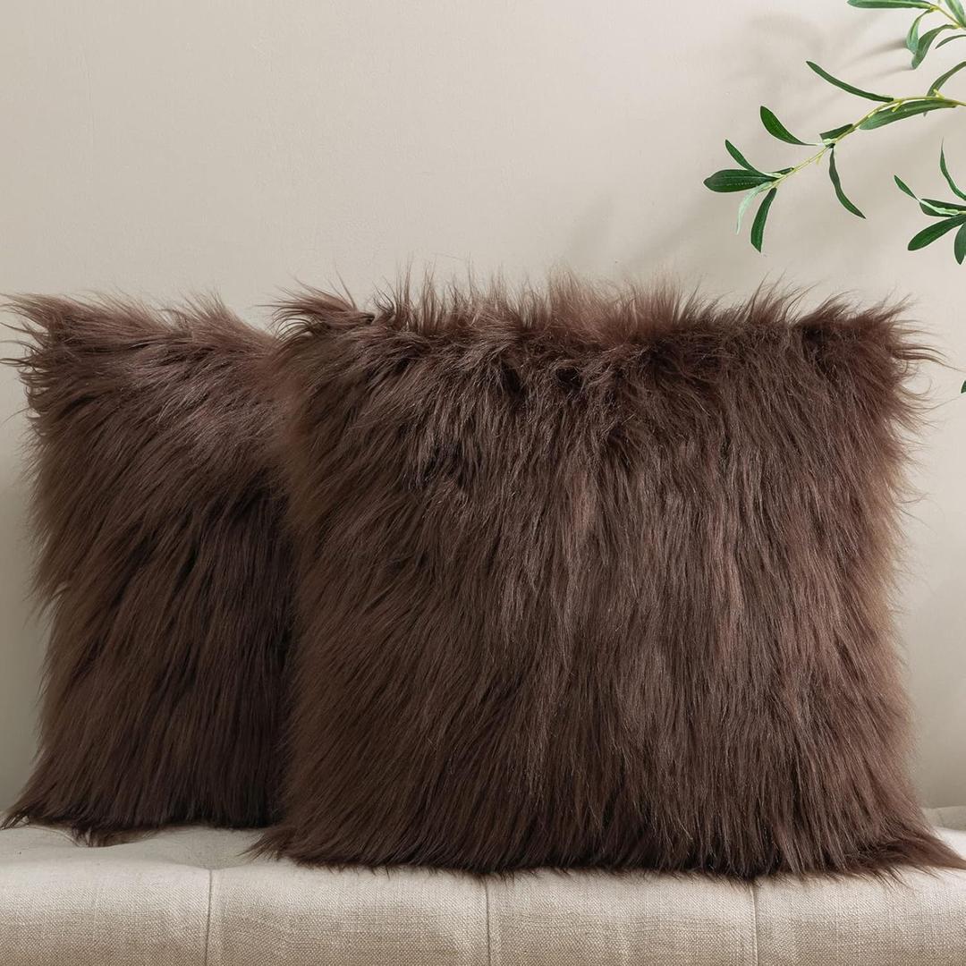 Phantoscope Pack of 2 Faux Fur Solid Throw Decorative Pillow Cover Cushion Covers Luxury Soft Decorative Pillowcase Fuzzy Pillow Covers for Bed/Couch,Coffee 20 x 20 Inches (20" x 20" (Pack of 2))