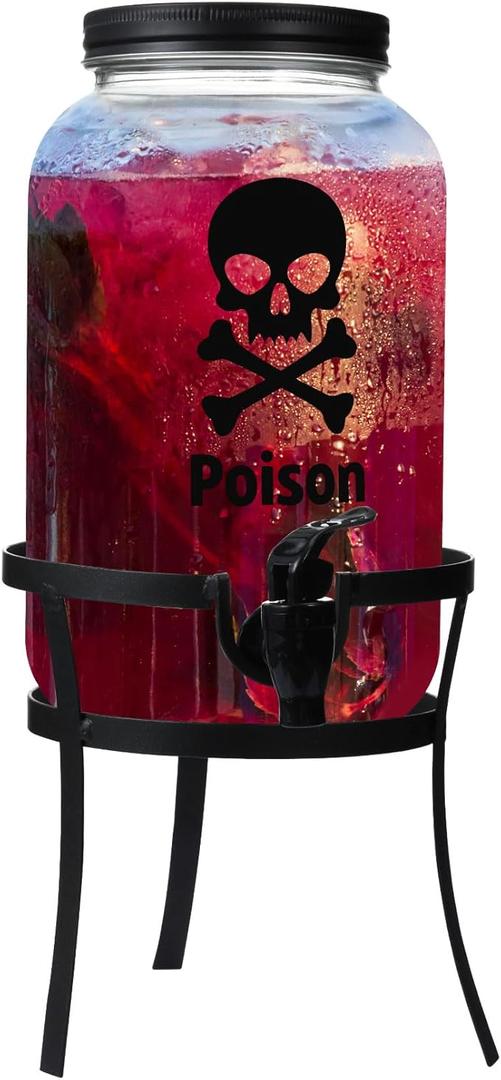 1 Gallon Glass Beverage Dispenser with Metal Stand Stainless Steel Spigot Outdoor Drink Dispenser Glass Drink Container Dispensers for Parties Lemonade Tea Cold Water(Black, Halloween)