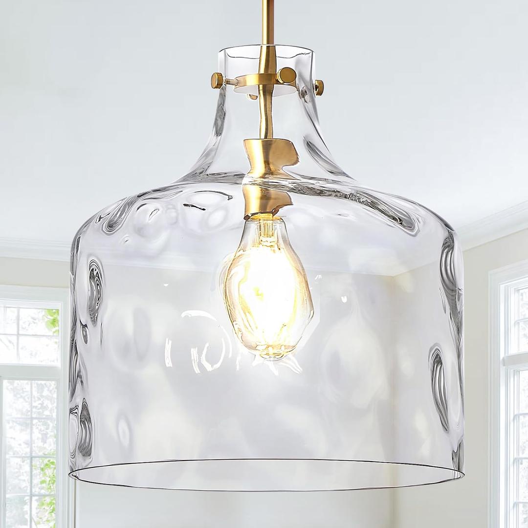 CATINER 16" Extra Large Farmhouse Pendant Light Hand-Blown Hammered Glass Shade, Gold Finish, Adjustable Chain Ceiling Light for Kitchen Island, Dining Room, Hallway, 12" W x 16" H x 5" Canopy x 4.2' Chain