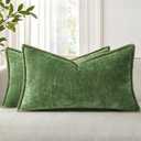 decorUhome Chenille Soft Cozy Throw Pillow Covers 12x20 Set of 2, Modern Farmhouse Boho Velvet Decorative Pillow Cases with Stitched Edge for Couch Sofa Bed Home Decor, Forest Green