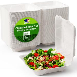 JOLLY CHEF Clamshell To Go Containers, 8 * 8" 50-Pack, Sugarcane To Go Boxes for Salad, Lunch