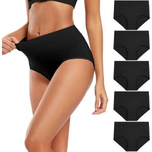 Molasus Women's Cotton Underwear High Waisted Full Coverage Ladies Panties (Regular & Plus Size) (X-Large, Black-5pack)